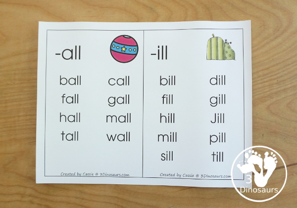 Free CVCC Word Family Wall Cards - has 29 CVCC word endings with a picture in the word family and examples of the CVCC words for that word family- 3Dinosaurs.com