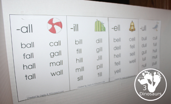 Free CVCC Word Family Wall Cards - has 29 CVCC word endings with a picture in the word family and examples of the CVCC words for that word family- 3Dinosaurs.com