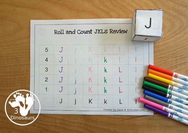 Free Romping & Roaring JKL Review Pack - with letter j, letter k, and letter l printables for reviewing the three letters with tracing, puzzles, coloring pages, finger puppets, game and more- 3Dinosaurs.com