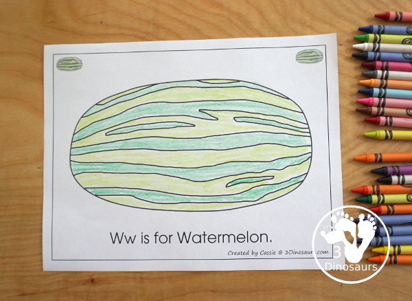 Free Romping & Roaring W Pack: Letter W is for Watermelon  - a letter W pack that has prewriting, finding letters, tracing letters, coloring pages, shapes, puzzles and more - 3Dinosaurs.com