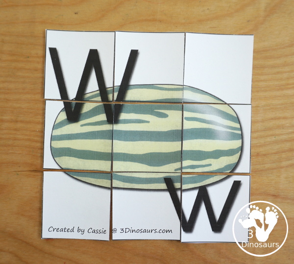 Free Romping & Roaring W Pack: Letter W is for Watermelon  - a letter W pack that has prewriting, finding letters, tracing letters, coloring pages, shapes, puzzles and more - 3Dinosaurs.com