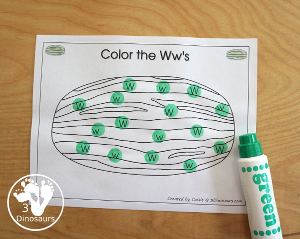 Free Romping & Roaring W Pack: Letter W is for Watermelon  - a letter W pack that has prewriting, finding letters, tracing letters, coloring pages, shapes, puzzles and more - 3Dinosaurs.com