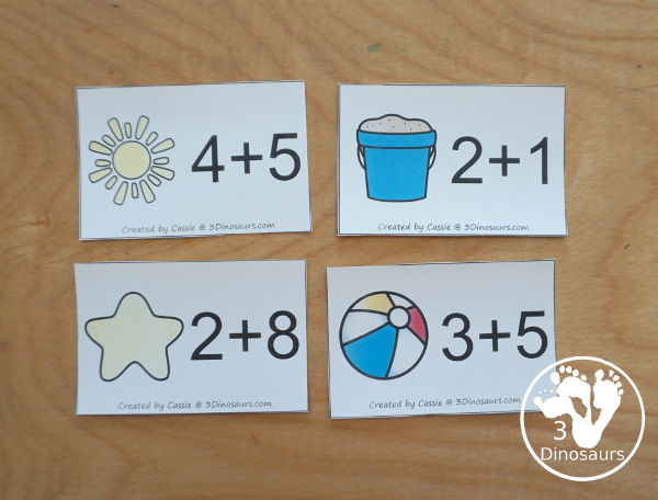 Free Beach Addition Flashcards with addition from 1 to 10 with all the ways to add up to each number - 3Dinosaurs.com