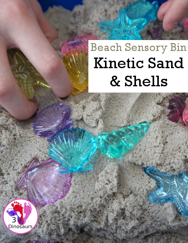 Beach Kinetic Sand & Shell Sensory Bin - for an easy to set up sensory play that kids can do any time of the year and work great for a beach theme day - 3Dinosaurs.com