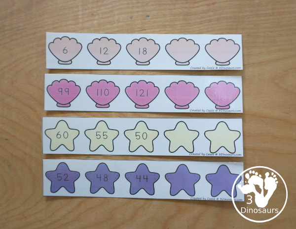 Free Beach Skip Counting Strips & Worksheet - with 4 skip counting strips for each number you are skip counting by with skip counting forward and skip counting backward with a fun recording worksheet for the beach skip counting strips. - 3Dinosaurs.com