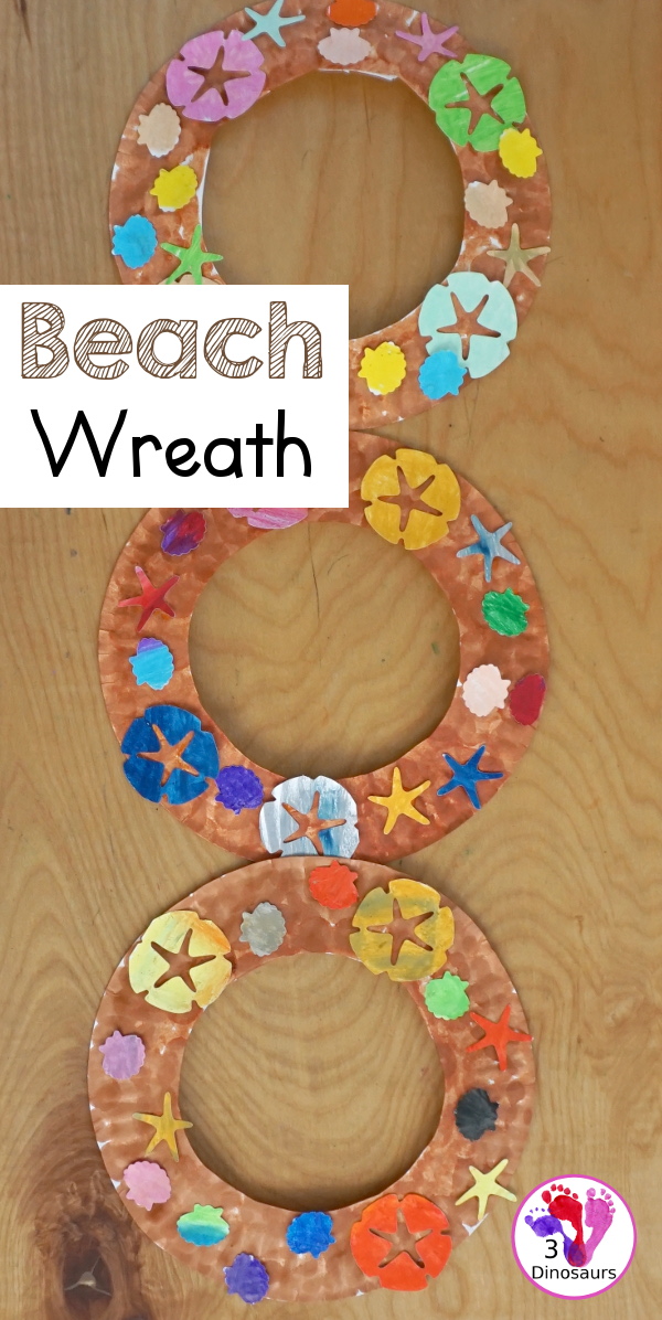 Beach Wreath Craft for Kids - a super easy to make beach craft with a wreath and shells kids can color and punch out to make the beach wreath. - 3Dinosaurs.com