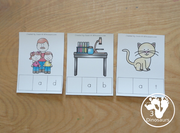 CVC Beginning Middle, Ending, & Whole Word Cards - a look at the missing beginning sound cards for kids to use for CVC words - 3Dinosaurs.com