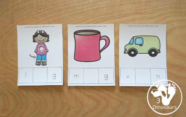 CVC Beginning Middle, Ending, & Whole Word Cards - a look a the missing vowel sound for the middle sound of each CVC word. - 3Dinosaurs.com