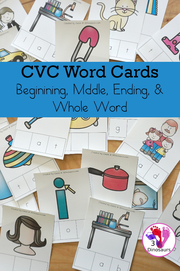 CVC Beginning Middle, Ending, & Whole Word Cards - fun learning center cards with five options for each card. You have missing beginning sound, ending sound, vowel sound, and all the letters. There is one word on each card and several letter tiles to use with the cards - 3Dinosaurs.com