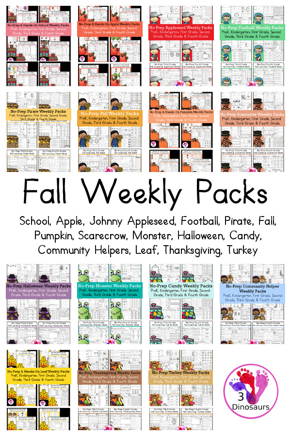 No-Prep Weekly Packs for the Fall for Prek to 4th Grade on 3Dinosaurs.com
