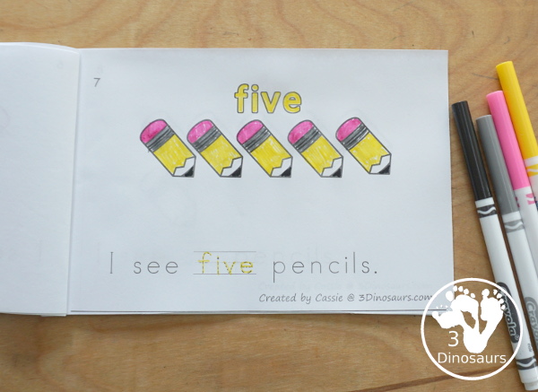Free Pencil Number Word Counting Book Printable - with numbers from 0 to 10 with coloring number color and tracing number word in the sentence - 3Dinosaurs.com
