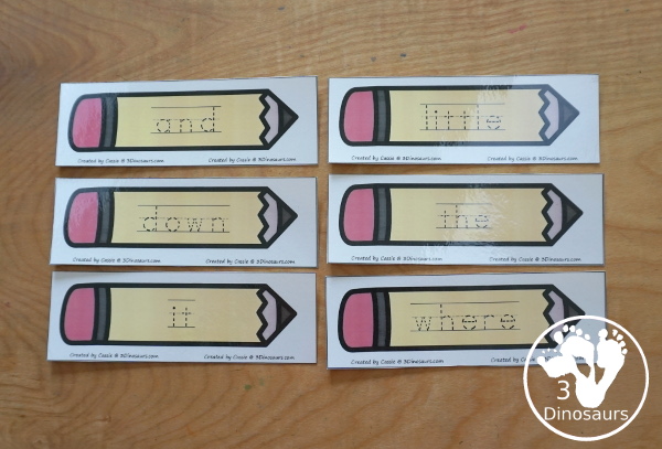 Sight Word Pencil Tracing Cards - with all 220 Dolch Sight Words with cards sorting by sight word list - With tracing on colored pencil or a black and white pencil option - 3Dinosaurs.com