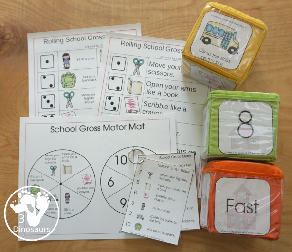 School Gross Motor Set For Kids - with  gross motor dice, school gross motor task cards, school gross motor rolling mats and more - 3Dinosaurs.com