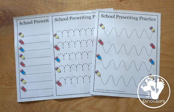 Free School Prewriting Printables - 14 pages of free school prewriting with different lines on each page for kids to trace - 3Dinosaurs.com #freeprintable #prewriting #3dinosaurs