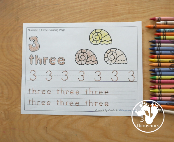 Free Shell Themed Number Color & Trace - Numbers 1 to 10 with a number to color, shells to count and color and three lines of tracing numbers - 3Dinosaurs.com