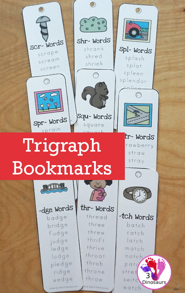 Trigraph Bookmark Printable - with a picture of a trigraph the three letters that make the trigraph and a word list of that trigraph single print and teacher print options - 3Dinosaurs.com