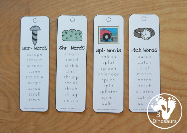 Trigraph Bookmarks - with a picture of a trigraph the three letters that make the trigraph and a word list of that trigraph single print and teacher print options - 3Dinosaurs.com