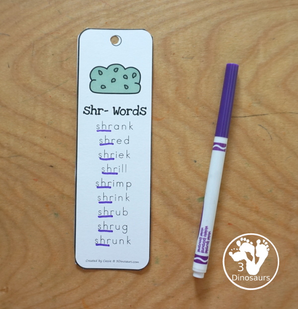 Trigraph Bookmarks - with a picture of a trigraph the three letters that make the trigraph and a word list of that trigraph single print and teacher print options - 3Dinosaurs.com