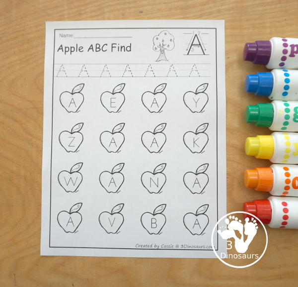 Apple Themed ABC Find: Uppercase or Lowercase with tracing $  has 52 pages of printables with tracing the letter and find the letter for kids. - 3Dinosaurs.com