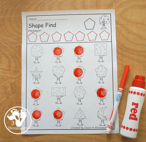 Apple Shape Find Printables with 11 shapes for kids in prek, kindergarten and first grade. You can trace the shapes and then find the shapes below with shape words and geometric shapes. You have 24 pages of printables - 3Dinosaurs.com