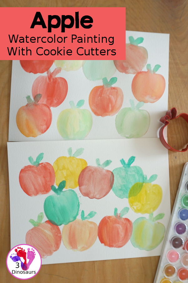 Apple Cookie Cutter Painting - An easy watercolor apple painting activity for various ages can do. With a cookie cutter for the template for the apple - 3Dinosaurs.com