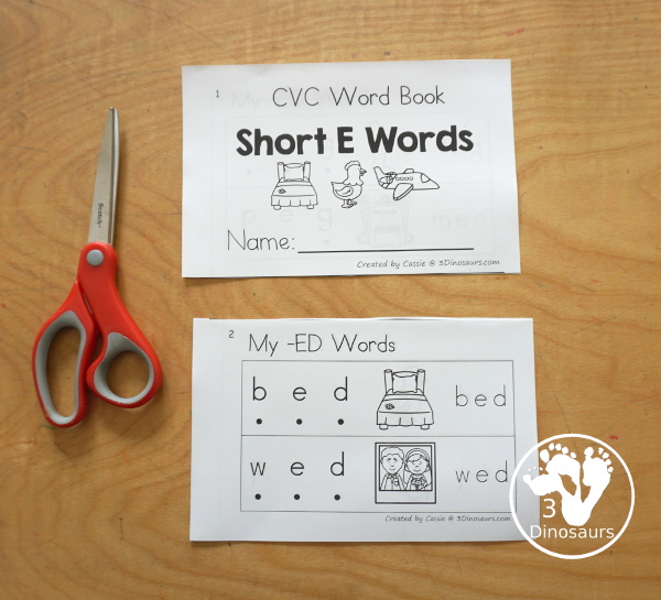 Free CVC Short E Word Book: Blending Words - a simple easy reader book with blends words for CVC short E words with sounding out letters and then blends the letters to make a word. - 3Dinosaurs.com