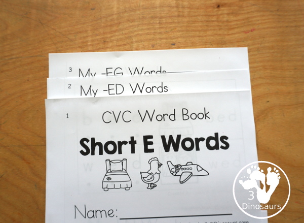 Free CVC Short E Word Book: Blending Words - a simple easy reader book with blends words for CVC short E words with sounding out letters and then blends the letters to make a word. - 3Dinosaurs.com