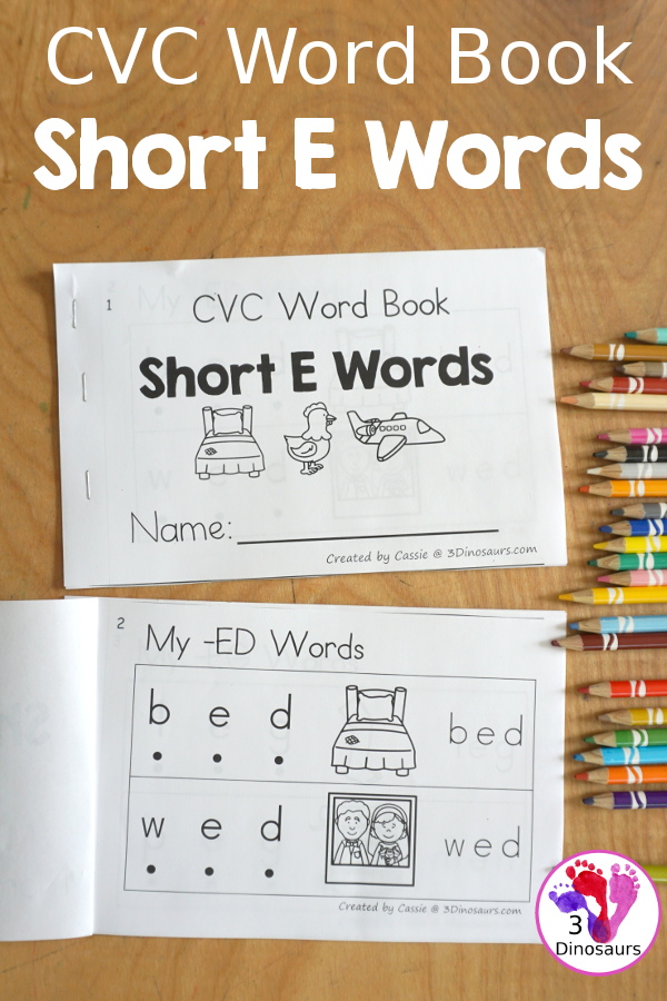 Free CVC Short E Word Book: Blending Words - a simple easy reader book with blends words for CVC short E words with sounding out letters and then blends the letters to make a word. - 3Dinosaurs.com