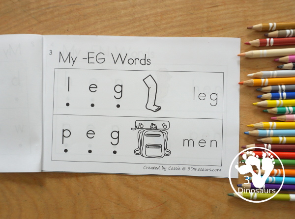 Free CVC Short E Word Book: Blending Words - a simple easy reader book with blends words for CVC short E words with sounding out letters and then blends the letters to make a word. - 3Dinosaurs.com