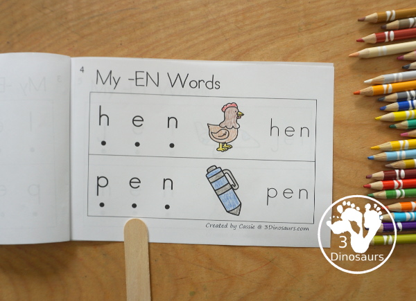 Free CVC Short E Word Book: Blending Words - a simple easy reader book with blends words for CVC short E words with sounding out letters and then blends the letters to make a word. - 3Dinosaurs.com