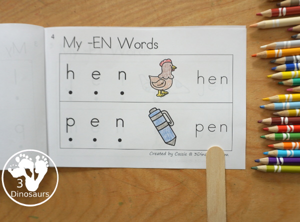 Free CVC Short E Word Book: Blending Words - a simple easy reader book with blends words for CVC short E words with sounding out letters and then blends the letters to make a word. - 3Dinosaurs.com