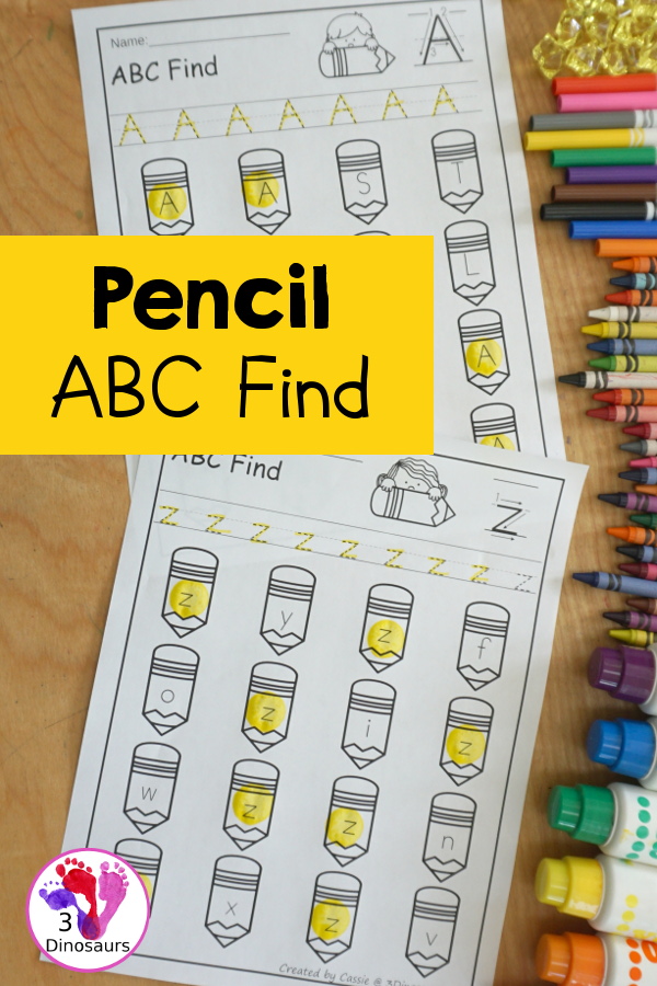 Pencil ABC Letter Finds all 26 Letters of the Alphabet - You have uppercase and lowercase letters for kids to trace and then find on the pencils. - 3Dinosaurs.com