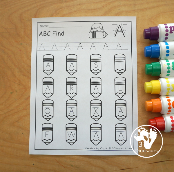 Pencil ABC Letter Finds all 26 Letters of the Alphabet - You have uppercase and lowercase letters for kids to trace and then find on the pencils. - 3Dinosaurs.com