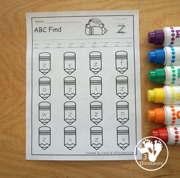 Pencil ABC Letter Finds all 26 Letters of the Alphabet - You have uppercase and lowercase letters for kids to trace and then find on the pencils. - 3Dinosaurs.com