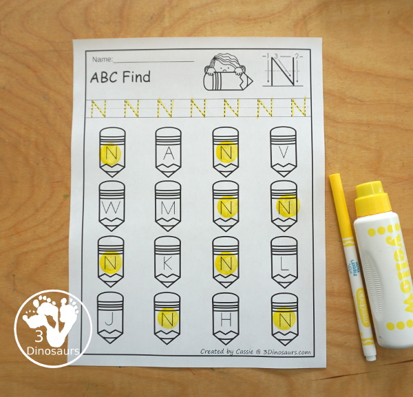 Pencil ABC Letter Finds all 26 Letters of the Alphabet - You have uppercase and lowercase letters for kids to trace and then find on the pencils. - 3Dinosaurs.com