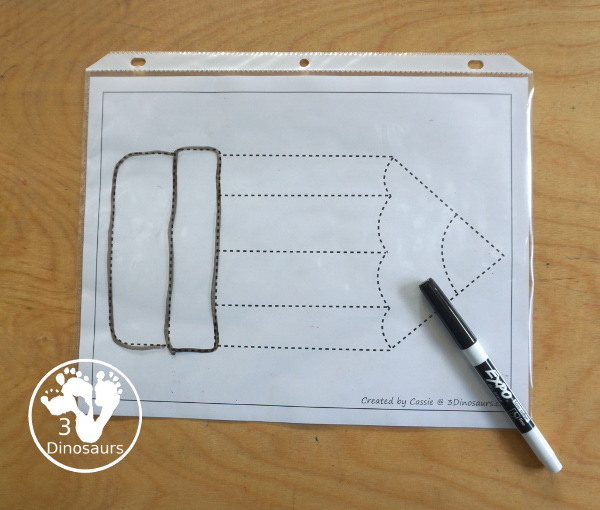 Free Pencil Fine Motor Mats with pencil templates, pencil outlines, pencil playdough mat, pencil tracing and pencil dot marker - All great printables for working on fine motor with kids. - 3Dinosaurs.com