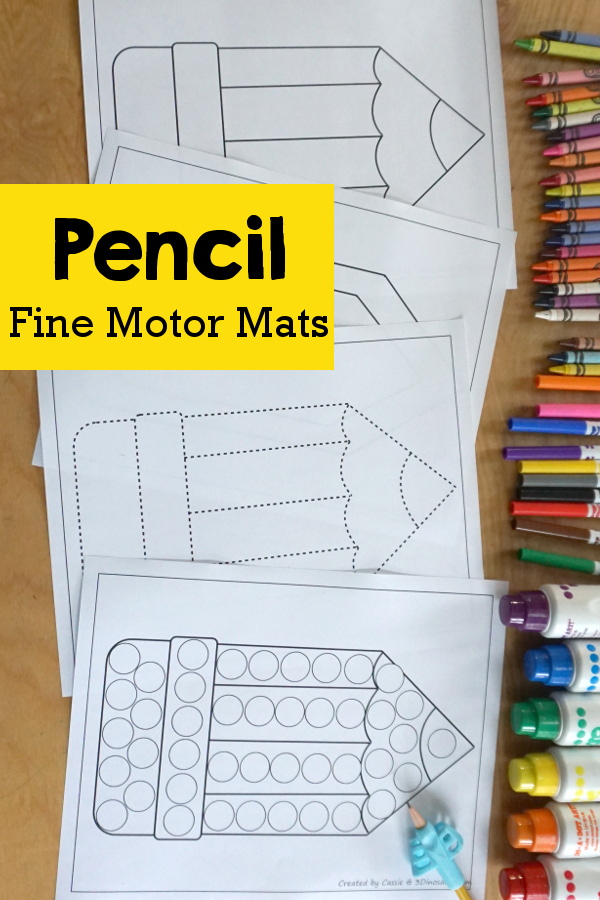 Free Pencil Fine Motor Mats with pencil templates, pencil outlines, pencil playdough mat, pencil tracing and pencil dot marker - All great printables for working on fine motor with kids. - 3Dinosaurs.com