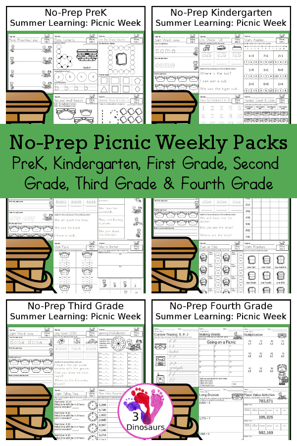 Picnic No-Prep Weekly Packs PreK, Kindergarten, First Grade, Second Grade, Third Grade & Fourth Grade with 5 days of activities to do for each grade level With loads of different picnic themes - You will find a mix of math, language, and more - These are easy to use packs for picnic activity, teddy bear picnic, summer learning, homework, early finisher, and morning work. Easy no-prep printables for kids with four pages for each day - 3Dinosaurs.com