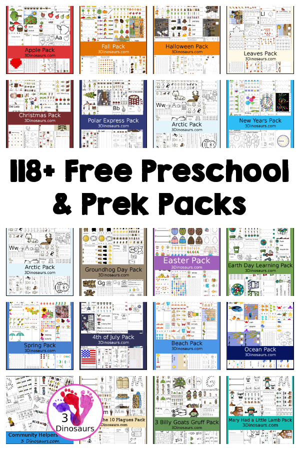118 Free Tot, Preschool and Prek Packs for kids - printable for for the seasons, different themes and stories that you can use with kids ages 2 to 5. You have over 10,000 pages of free printables - 3Dinosaurs.com