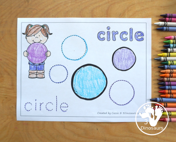 Free Romping & Roaring Circle Pack - a free 10 page shape pack for kids to use to learn their shape with tracing, coloring, dot markers and more. - 3Dinosaurs.com