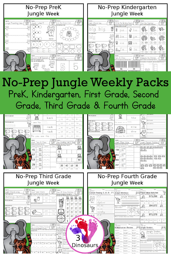 No-Prep Jungle Weekly Packs PreK, Kindergarten, First Grade, Second Grade, Third Grade & Fourth Grade with 5 days of activities to do for each grade level with jungle animals. You will find a mix of math, language, and more - These are easy to use packs for homework and morning work. Easy no-prep printables for kids with four pages for each day - 3Dinosaurs.com