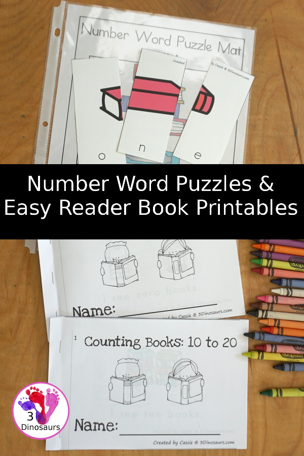 Number Word Puzzle & Easy Reader Book Printables - with Numbers 0 to 20. You have number word puzzles and two easy reader books 0 to 10 and 10 to 20 to use with kids - 3Dinosaurs.com