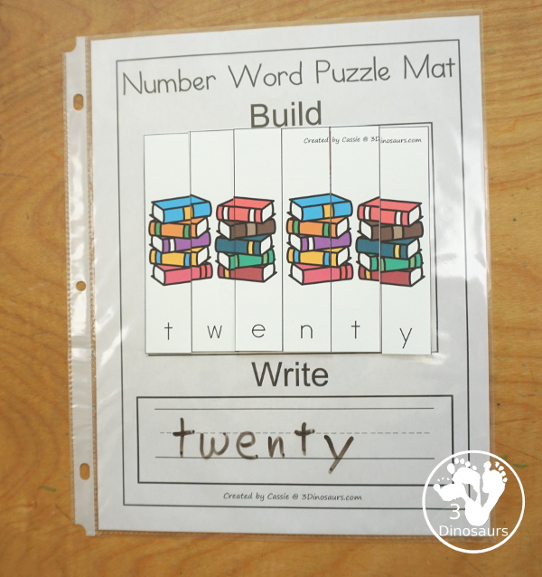 Number Word Puzzle & Easy Reader Book Printables - build the puzzle on the mat and write the word - 3Dinosaurs.com