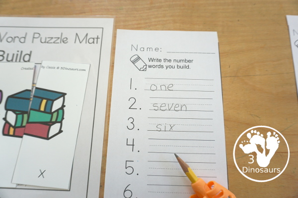 Number Word Puzzle & 
Easy Reader Book Printables - build the puzzle on the mat and write the word - 3Dinosaurs.com