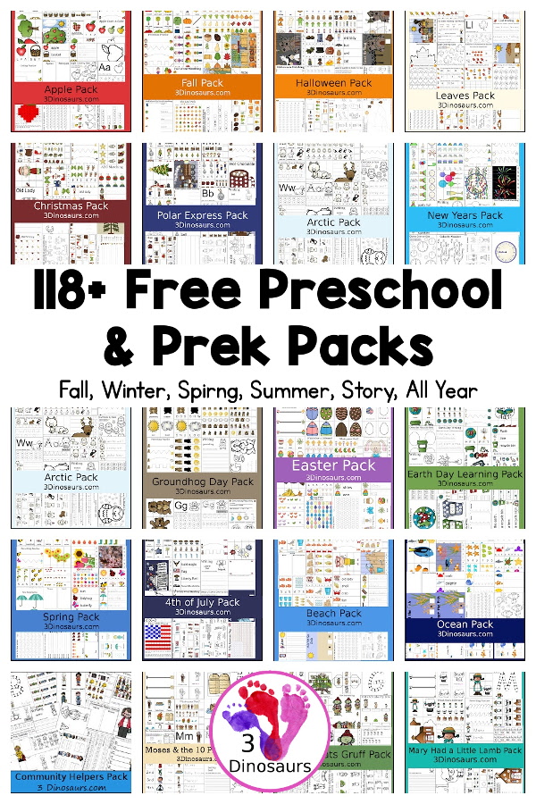 118 Free Tot, Preschool and Prek Packs for kids - printable for for the seasons, different themes and stories that you can use with kids ages 2 to 5. You have over 10,000 pages of free printables - 3Dinosaurs.com