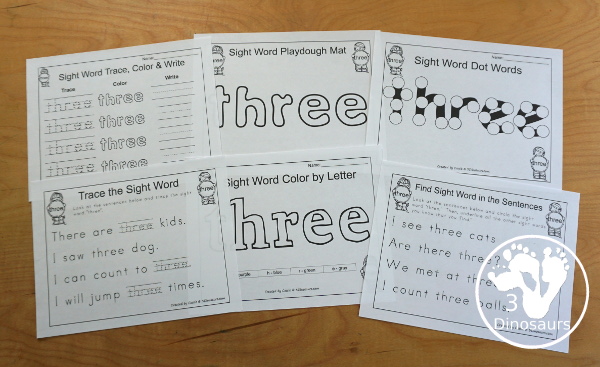 Romping & Roaring Preprimer Sight Word: Three - you have 6 pages for each sight word that work on learning the sight word different ways with reading, writing, and finding. 3Dinosaurs.com