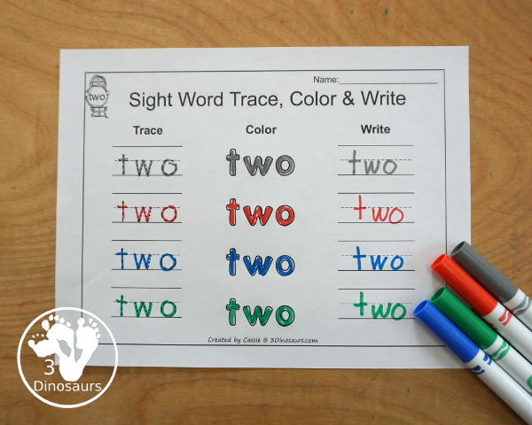 Romping & Roaring Preprimer Sight Words: Three, To, Two, Up - you have 6 pages for each sight word that work on learning the sight word different ways with reading, writing, and finding. 3Dinosaurs.com