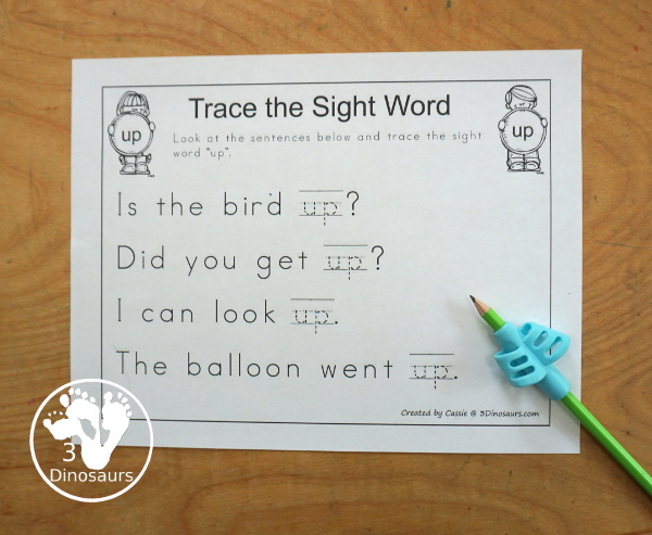 Romping & Roaring Preprimer Sight Words: Three, To, Two, Up - you have 6 pages for each sight word that work on learning the sight word different ways with reading, writing, and finding. 3Dinosaurs.com