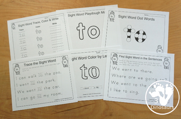 Romping & Roaring Preprimer Sight Word: To - you have 6 pages for each sight word that work on learning the sight word different ways with reading, writing, and finding. 3Dinosaurs.com