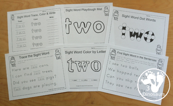 Romping & Roaring Preprimer Sight Word: Two - you have 6 pages for each sight word that work on learning the sight word different ways with reading, writing, and finding. 3Dinosaurs.com